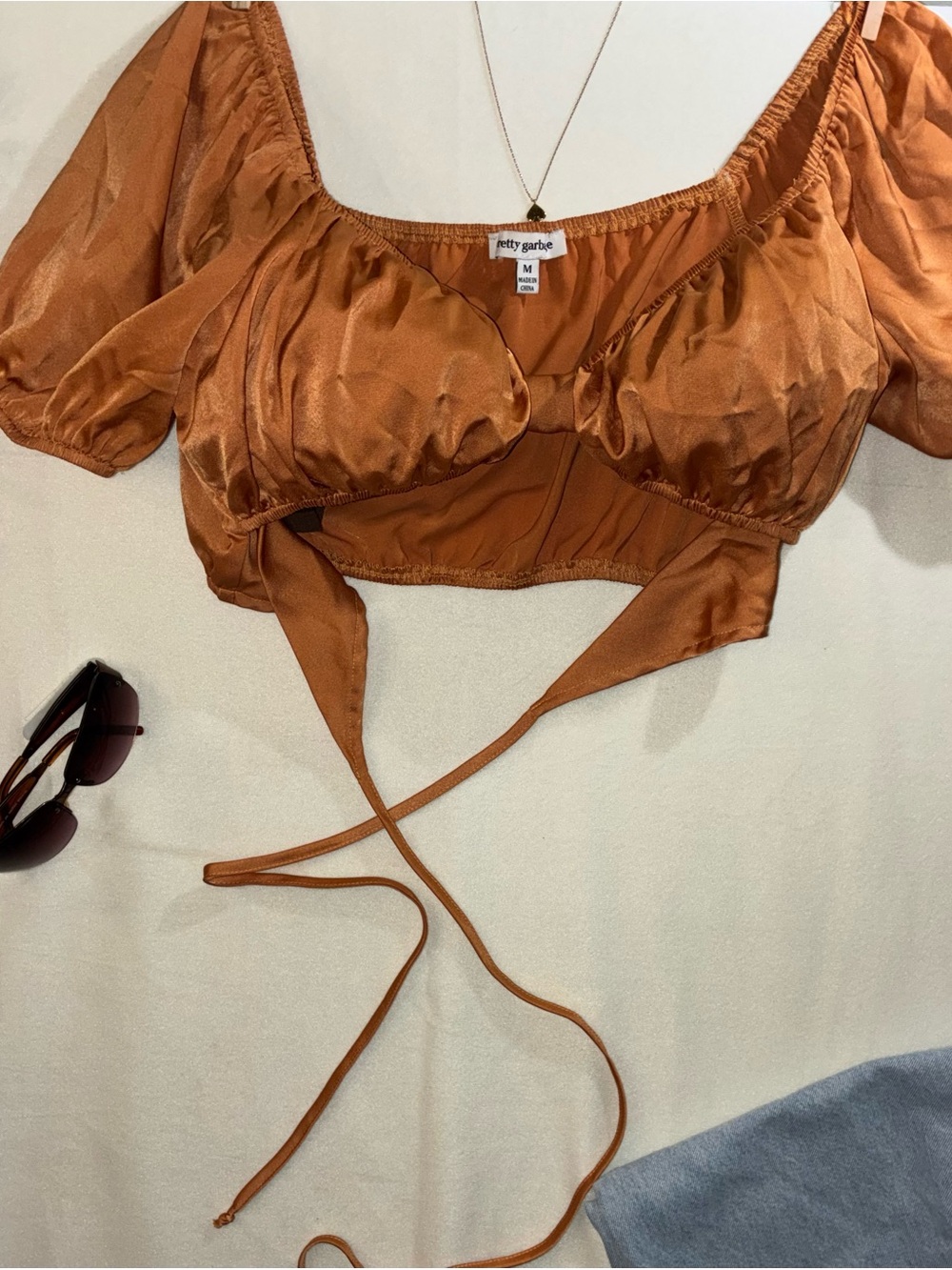 Pretty Garbage Rust Tie-Front Satin Puff Sleeve Crop Top